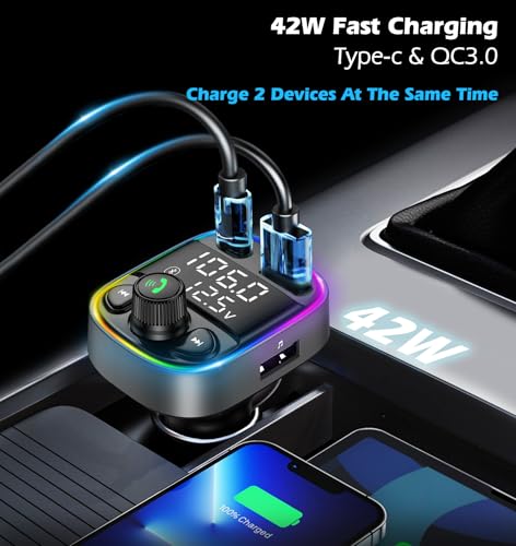 LIHAN Bluetooth 5.4 Bluetooth Car Adapter, FM Transmitter with QC3.0/Type-C 42W Fast Charging, Dual LED Display, HiFi Bass, Handsfree Calls/Audio Transmitter, TF/USB Music Player, 7-Color Backlit - Image 4