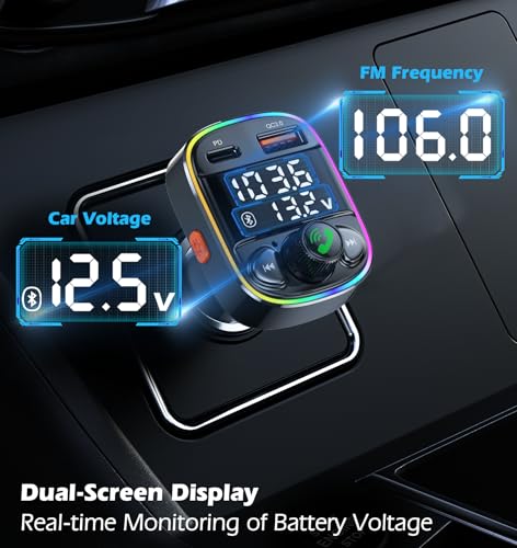 LIHAN Bluetooth 5.4 Bluetooth Car Adapter, FM Transmitter with QC3.0/Type-C 42W Fast Charging, Dual LED Display, HiFi Bass, Handsfree Calls/Audio Transmitter, TF/USB Music Player, 7-Color Backlit - Image 2