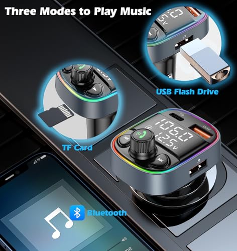 LIHAN Bluetooth 5.4 Bluetooth Car Adapter, FM Transmitter with QC3.0/Type-C 42W Fast Charging, Dual LED Display, HiFi Bass, Handsfree Calls/Audio Transmitter, TF/USB Music Player, 7-Color Backlit - Image 3