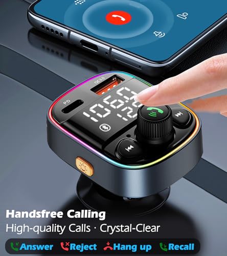 LIHAN Bluetooth 5.4 Bluetooth Car Adapter, FM Transmitter with QC3.0/Type-C 42W Fast Charging, Dual LED Display, HiFi Bass, Handsfree Calls/Audio Transmitter, TF/USB Music Player, 7-Color Backlit - Image 5