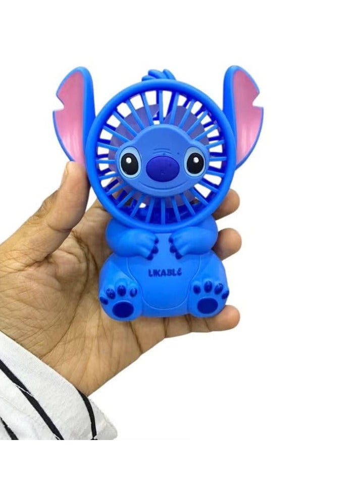 Mini fan handheld fan in the shape of a stitch, small in size and easy to carry by hand or put in the bag, equipped with a rechargeable battery with a USB port, an on/off button and 3 air speeds Blue