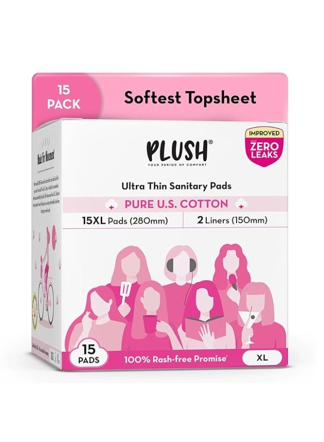 Plush Ultra-Thin Extra Large Sanitary Napkins for Women, 15 Pcs | For Light-Medium Flow | 2 Panty Liners | 100% Rash-Free | Pure U.S. Cotton XL Sanitary Pads | No Fragrance | No Toxic-Chemicals - Image 1