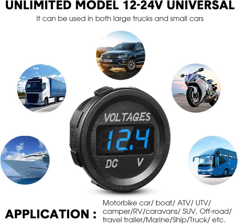 BBTO 2 Pieces DC 12V Car Voltage Gauge LED Display Waterproof Voltmeter Digital Round Panel Voltmeter Compatible with Vehicle Motorcycle Truck Camper ATV UTV Car Boat Marine (Blue Digital) - Image 4