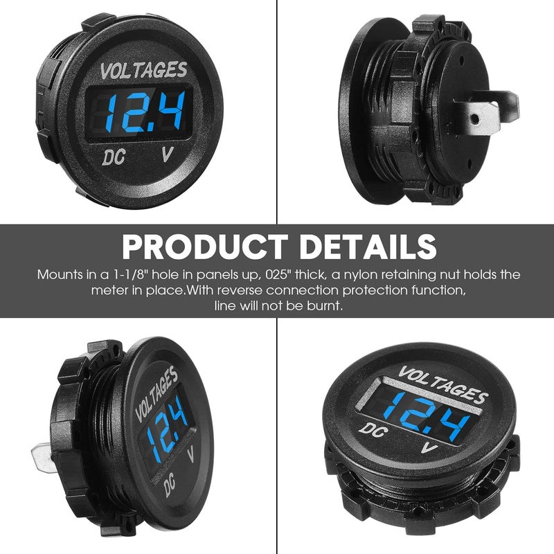 BBTO 2 Pieces DC 12V Car Voltage Gauge LED Display Waterproof Voltmeter Digital Round Panel Voltmeter Compatible with Vehicle Motorcycle Truck Camper ATV UTV Car Boat Marine (Blue Digital) - Image 2