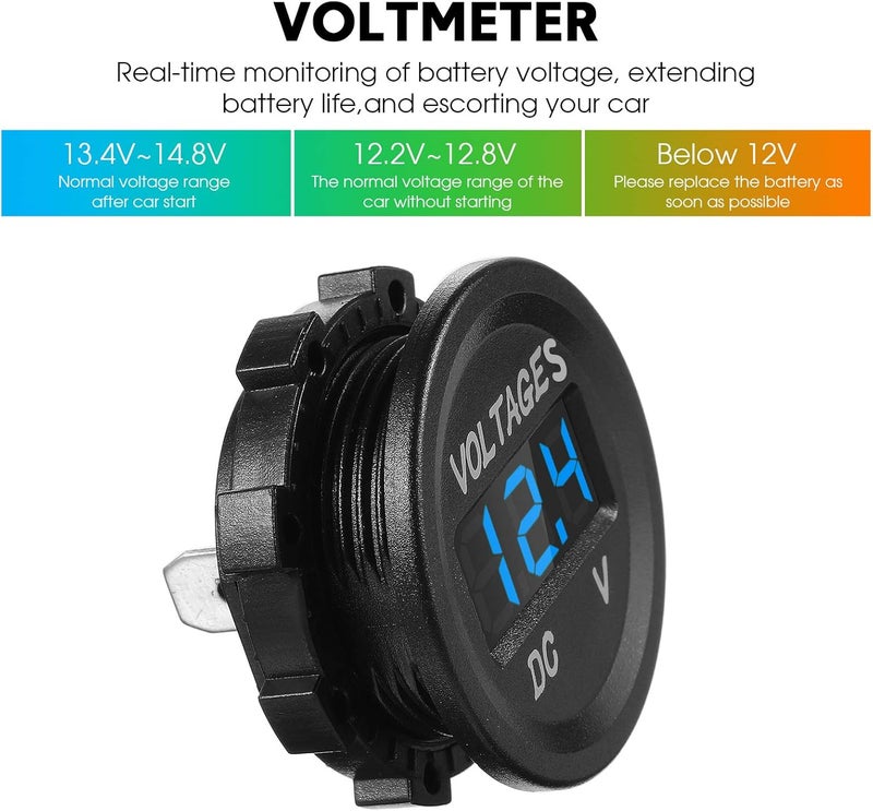 BBTO 2 Pieces DC 12V Car Voltage Gauge LED Display Waterproof Voltmeter Digital Round Panel Voltmeter Compatible with Vehicle Motorcycle Truck Camper ATV UTV Car Boat Marine (Blue Digital) - Image 5