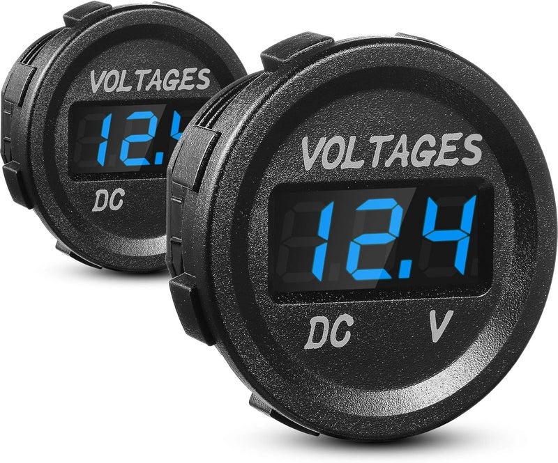 BBTO 2 Pieces DC 12V Car Voltage Gauge LED Display Waterproof Voltmeter Digital Round Panel Voltmeter Compatible with Vehicle Motorcycle Truck Camper ATV UTV Car Boat Marine (Blue Digital) - Image 1