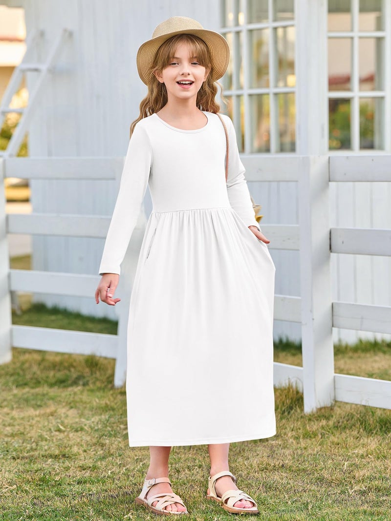 Haloumoning Girls Maxi Dress Long Sleeve Casual Holiday Dress with Pockets for 5-14 Years White - Image 3