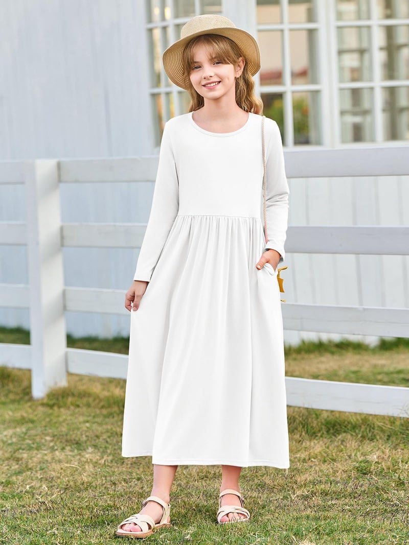 Haloumoning Girls Maxi Dress Long Sleeve Casual Holiday Dress with Pockets for 5-14 Years White - Image 2