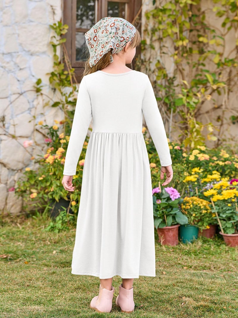Haloumoning Girls Maxi Dress Long Sleeve Casual Holiday Dress with Pockets for 5-14 Years White - Image 5