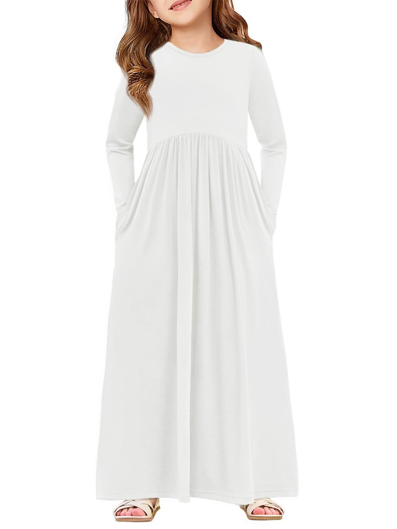 Haloumoning Girls Maxi Dress Long Sleeve Casual Holiday Dress with Pockets for 5-14 Years White - Image 1
