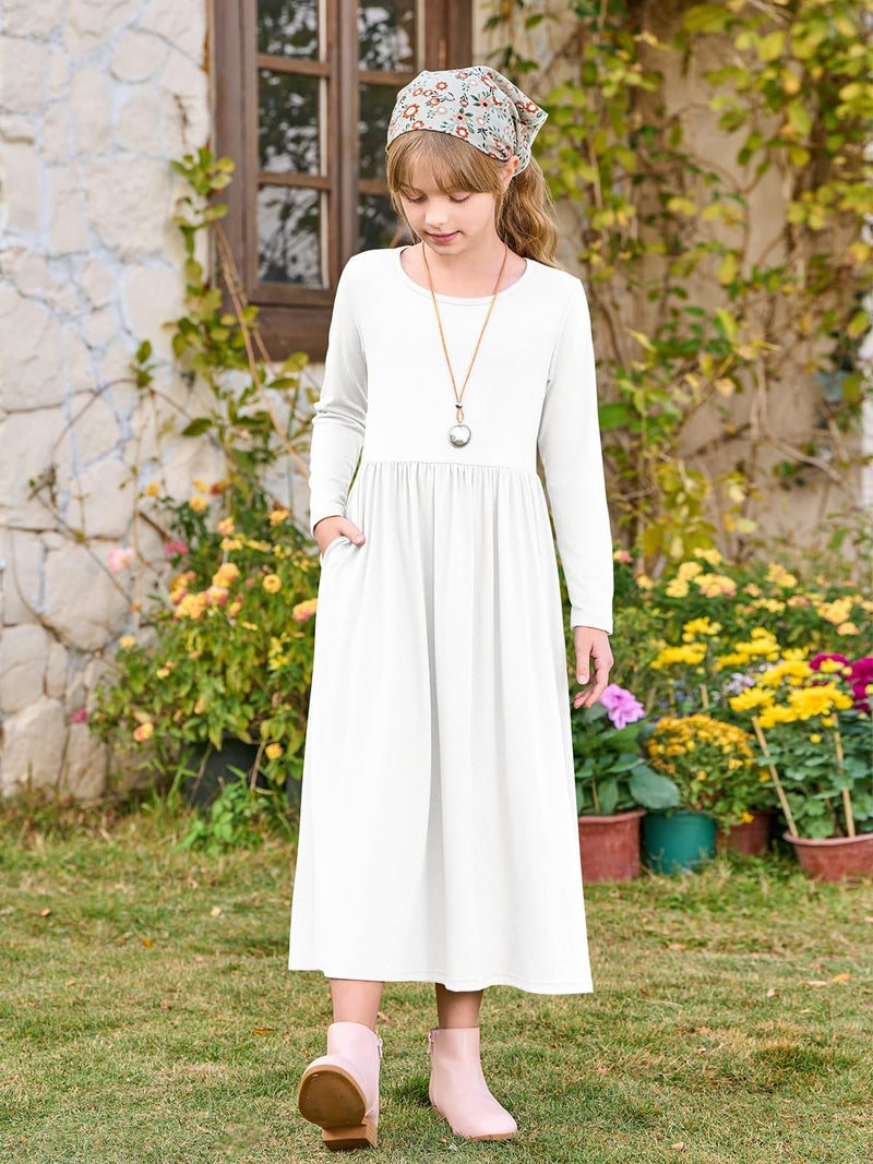 Haloumoning Girls Maxi Dress Long Sleeve Casual Holiday Dress with Pockets for 5-14 Years White - Image 4