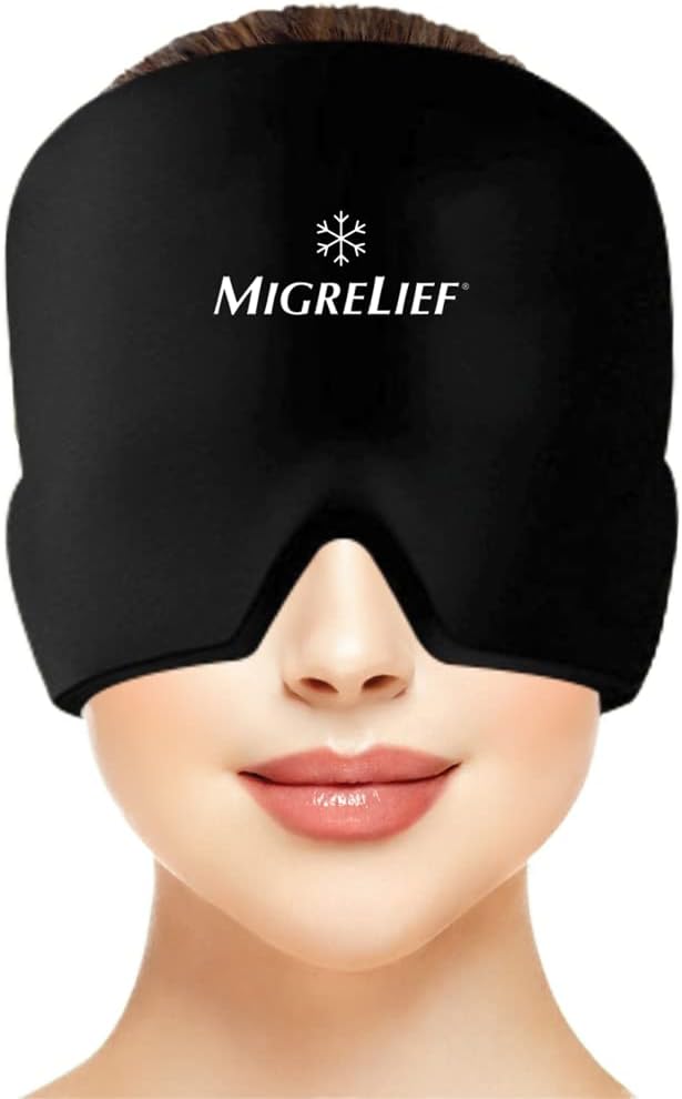 MigreLief قبعة ميجرليف لتخفيف الصداع النصفي - قبعة ثلجية للصداع النصفي والصداع مع تغطية 360 درجة للرأس والعينين - قبعة علاج باردة للصداع وقناع للصداع النصفي لتخفيف الألم الطبيعي - مقاس واحد أسود - Image 1