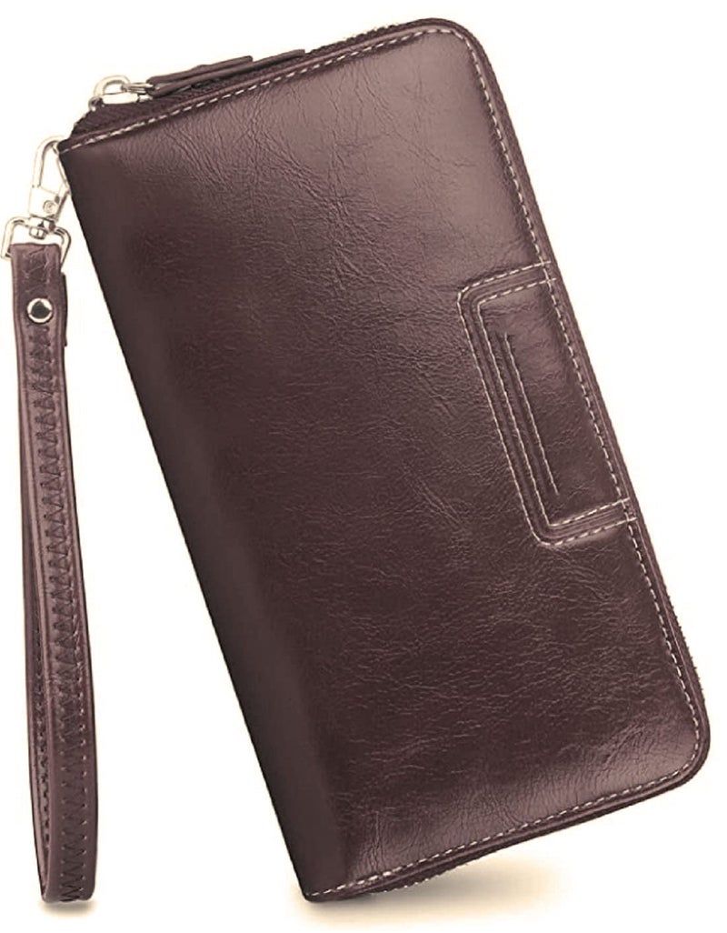 CONTACTS Wristlet Wallets for Women with RFID Protection | Ladies Leather Clutch/Wallet | Large Capacity Zipper Purse/Card Holder Organizer for Women (Brown) - Image 1