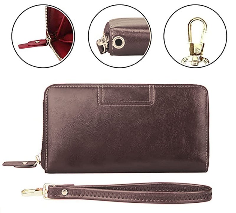 CONTACTS Wristlet Wallets for Women with RFID Protection | Ladies Leather Clutch/Wallet | Large Capacity Zipper Purse/Card Holder Organizer for Women (Brown) - Image 3