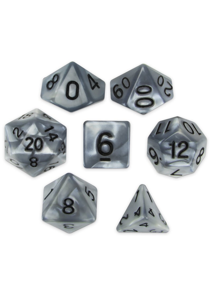 Wiz Dice Wiz Dice Quicksilver Set of 7 Polyhedral Dice, Pearlescent Mercury Silver RPG Dice with Clear Display Box  - Image 1