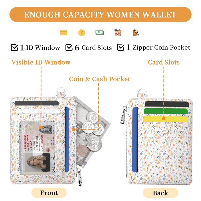Hancynir Florals Slim Wallet Women Credit Card Holder, RFID Blocking Front Pocket Wallet Wristlet Keychain Lanyard, Small Cute Mini Card Case, Thin Travel Zipper Coin PU Leather Ladies Female Gifts - Image 3