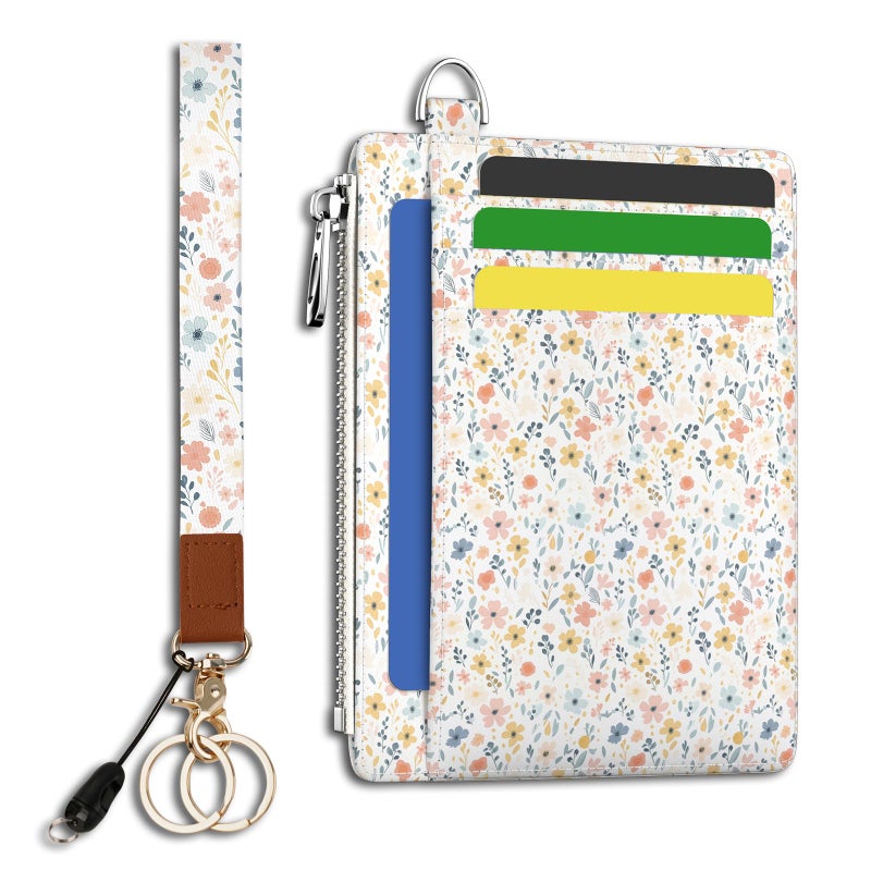 Hancynir Florals Slim Wallet Women Credit Card Holder, RFID Blocking Front Pocket Wallet Wristlet Keychain Lanyard, Small Cute Mini Card Case, Thin Travel Zipper Coin PU Leather Ladies Female Gifts - Image 1