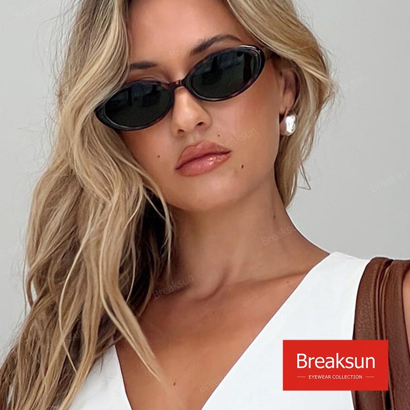 Breaksun نظارات شمسية بيكسون ريترو بيضاوية للنساء والرجال موضة نظارات بيضاوية صغيرة ظلال عتيقة من التسعينات (أسود/رمادي + نمط الفهد/G15) - Image 3