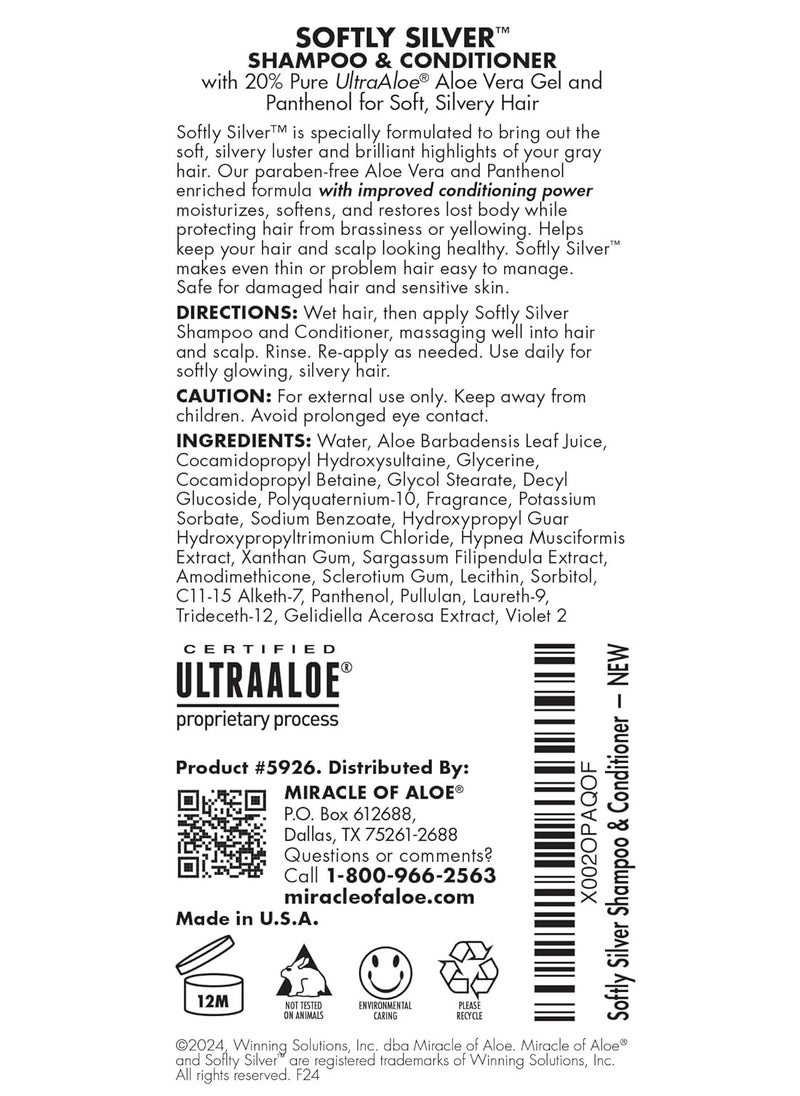 Softly Silver Shampoo Improved Conditioning formula for Gray Hair, 2 in 1 Purple Restorative Hair Wash for Mature Hair, Adds Luster, Bounce & Body, with Panthenol and 20% Pure UltraAloe