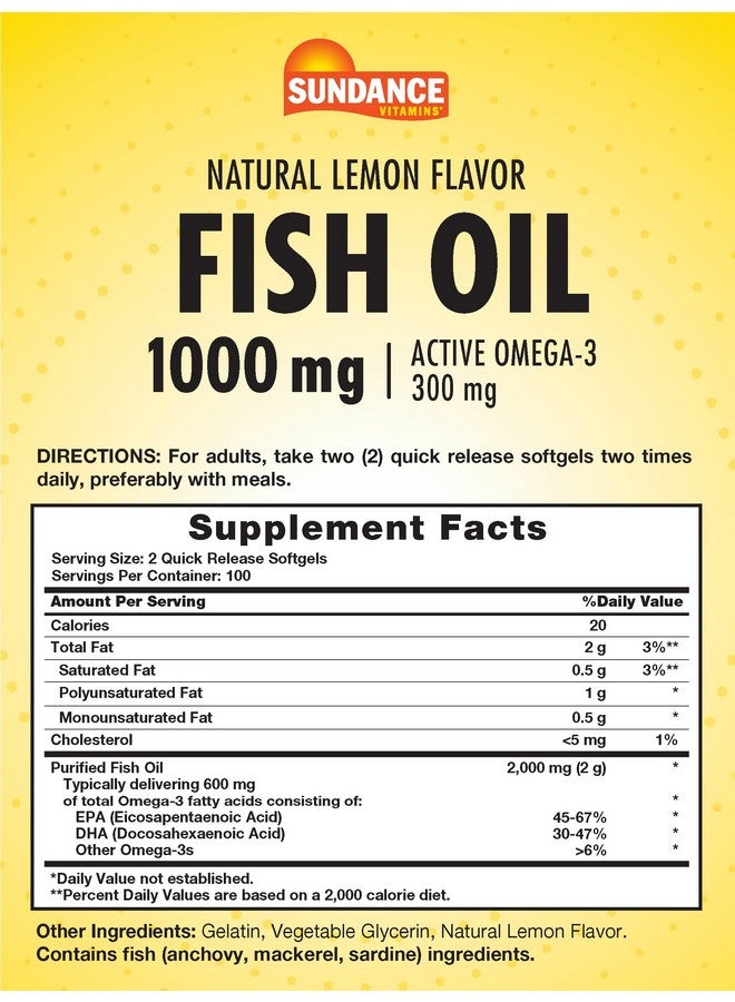 Sundance Fish Oil Softgels 1000mg with Active Omega-3 | 200 Softgels | Natural Lemon Flavor | Non-GMO and Gluten Free Supplement - Image 2