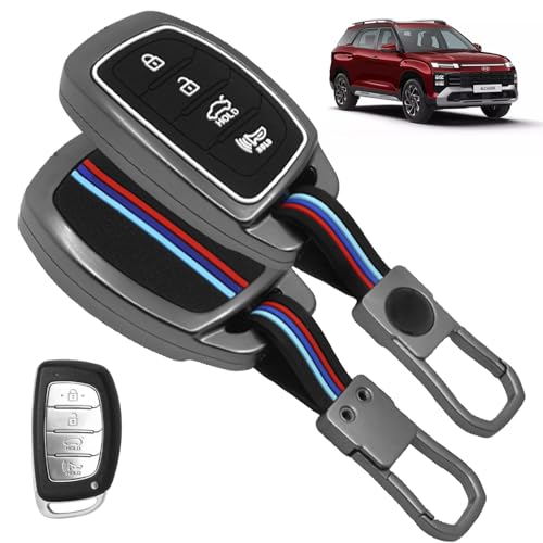 Carzex Metallic Car Key Cover Compatible with 4 Button Smart Key for Hyundai Alcazar, Creta EV, Tucson Metal + Silicone Protective Shell with Keychain (Black) - Image 1