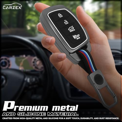 Carzex Metallic Car Key Cover Compatible with 4 Button Smart Key for Hyundai Alcazar, Creta EV, Tucson Metal + Silicone Protective Shell with Keychain (Black) - Image 2