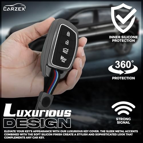 Carzex Metallic Car Key Cover Compatible with 4 Button Smart Key for Hyundai Alcazar, Creta EV, Tucson Metal + Silicone Protective Shell with Keychain (Black) - Image 5