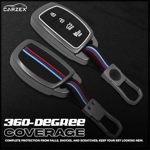 Carzex Metallic Car Key Cover Compatible with 4 Button Smart Key for Hyundai Alcazar, Creta EV, Tucson Metal + Silicone Protective Shell with Keychain (Black) - Image 3