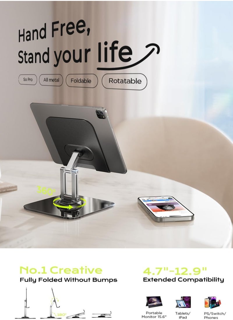 iPad Stand, 360° Rotatable Metal Phone and Tablet Holder, Desktop Adjustable Folding Tablet Holder for Desktop Stand/PS/Switch iPhone 12.9" - 4.7"