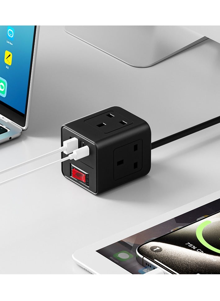 Multifunctional Wall Outlet Power Strip with 3 AC Ports, USB-A & Type-C, 2m Power Cord, 2 USB-A Ports, 2 Type-C Ports, Flat Design for Home, Kitchen, Office, Hotel & Cruise Travel, Travel Power Strip | Sleek Black Design | USB-A Compatibility, Power Strips for Outlet - Image 2