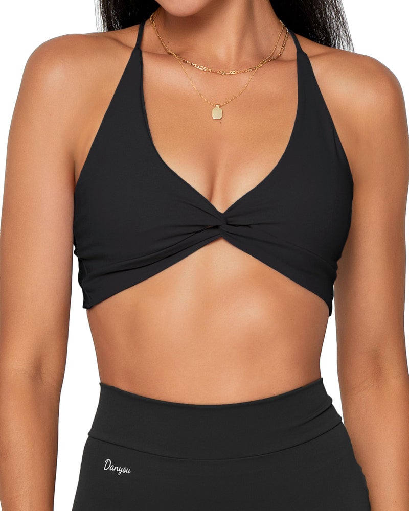 Danysu Womens Strappy Sport Bra Backless Sports Bra Open Back Workout Top Light Support Cute Gym Clothes Twirl Front Black M - Image 1