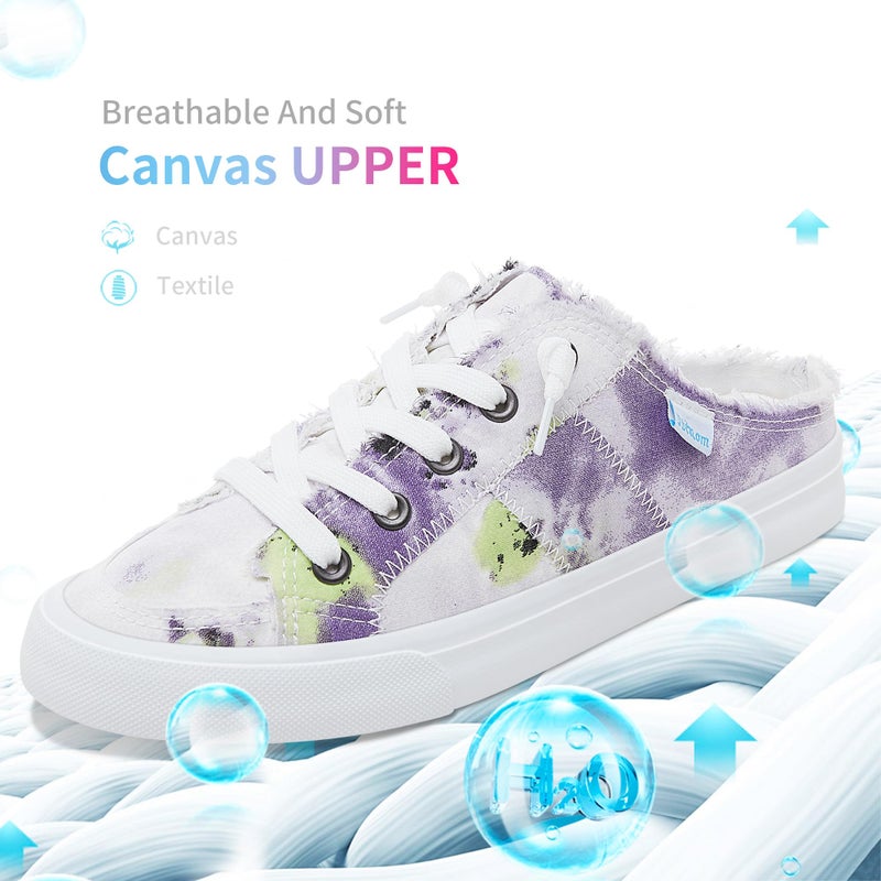 Obtaom Women Tie Dye Canvas Mules Memory Foam Clipper Fashion Sneakers Comfortable Multi Slip-On Mule Backless Holiday Shoes(Purple/Whiteï¼ŒUS9) - Image 4