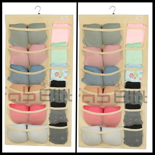 FAB ELLITE Double-Sided Hanging Organizer with 30 Clear Pockets | Wardrobe Storage Bag for Socks, Bras, Underwear & Accessories | Space-Saving, Easy Access Design (Ivory, Pack of 2) - Image 1
