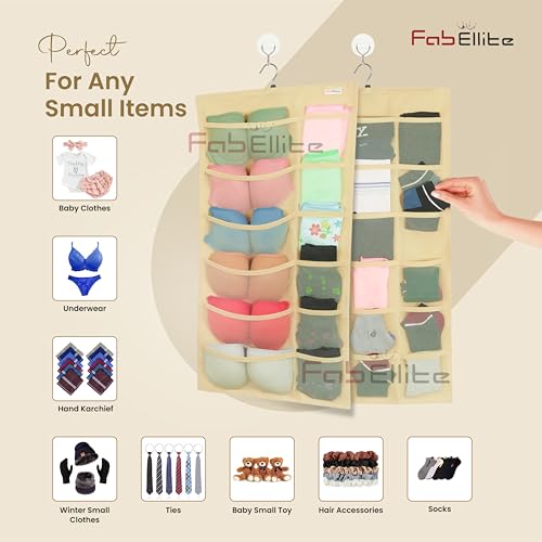 FAB ELLITE Double-Sided Hanging Organizer with 30 Clear Pockets | Wardrobe Storage Bag for Socks, Bras, Underwear & Accessories | Space-Saving, Easy Access Design (Ivory, Pack of 2) - Image 4