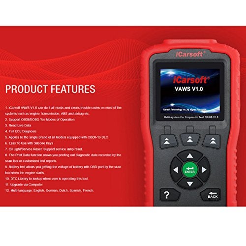 iCarsoft Professional Multi-System OBD II Scanner VAWS V1.0 with Oil Service Reset for Audi/VW/Seat/Skoda (red) - Image 5