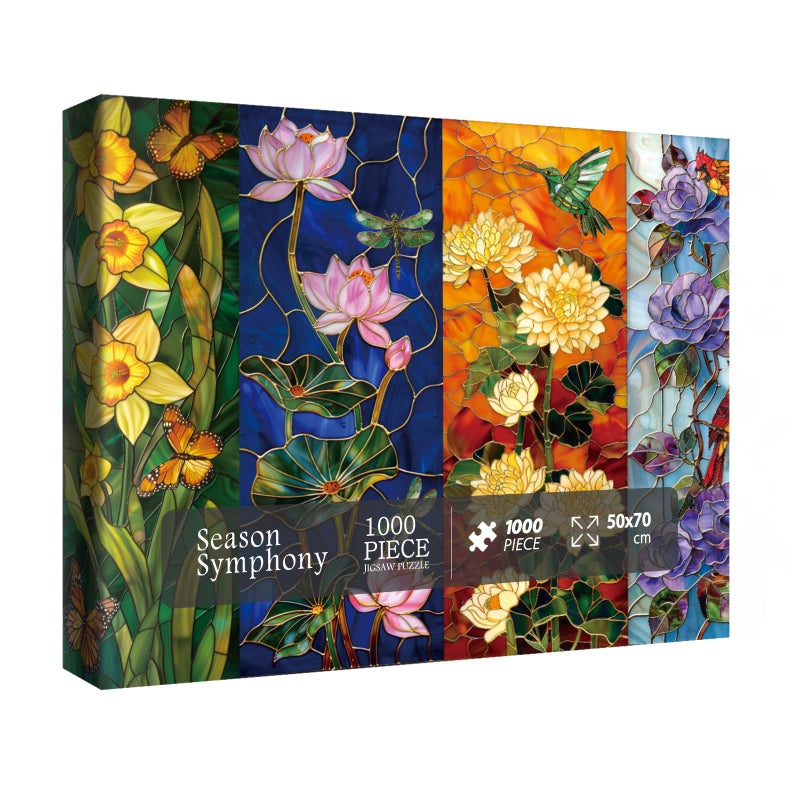 IdeaBazar Stained Glass Flower Puzzles for Adults 1000 Pieces Colorful Art Plant Jigsaw Puzzles Beautiful Season Bird Cardinal Dragonfly Lotus Rose Floral Puzzle - Image 3