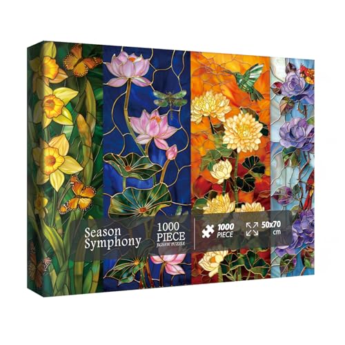 IdeaBazar Stained Glass Flower Puzzles for Adults 1000 Pieces Colorful Art Plant Jigsaw Puzzles Beautiful Season Bird Cardinal Dragonfly Lotus Rose Floral Puzzle - Image 1