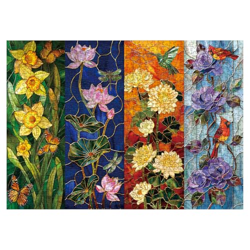 IdeaBazar Stained Glass Flower Puzzles for Adults 1000 Pieces Colorful Art Plant Jigsaw Puzzles Beautiful Season Bird Cardinal Dragonfly Lotus Rose Floral Puzzle - Image 5