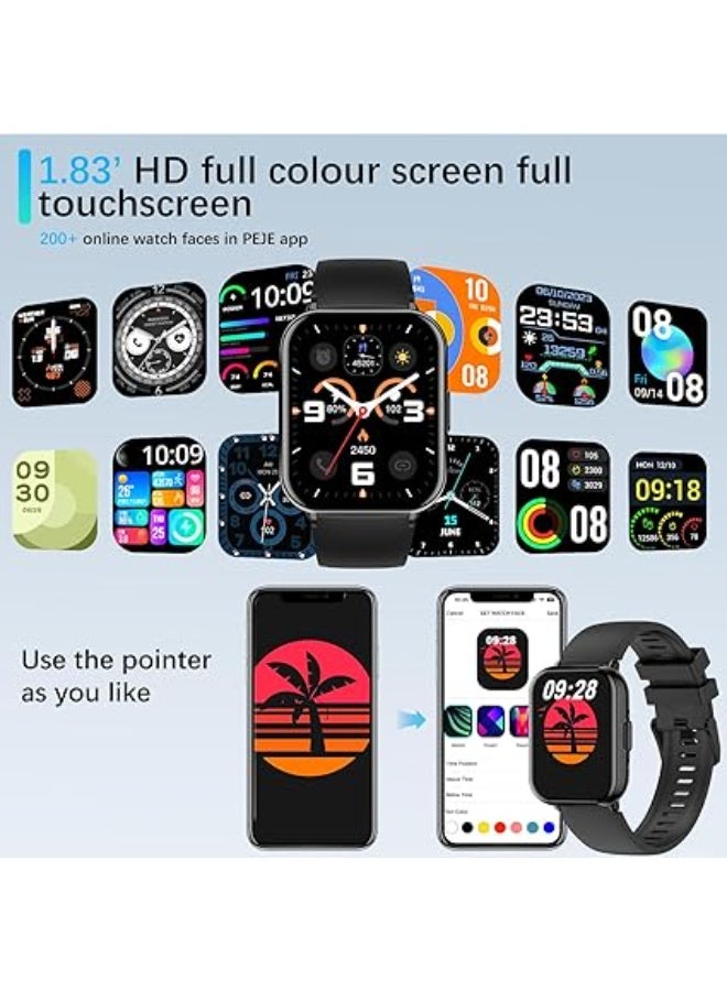 PEJE Smart Watches For Men,1.83" Display,Prayer Alerts,Arabic Support,Bluetooth Calls,1ATM Waterproof,Spo2/Hr/Sleep Tracking,123+ Sports Modes,7-Day Battery (280mah),Ios/Android. (Black) - Image 3