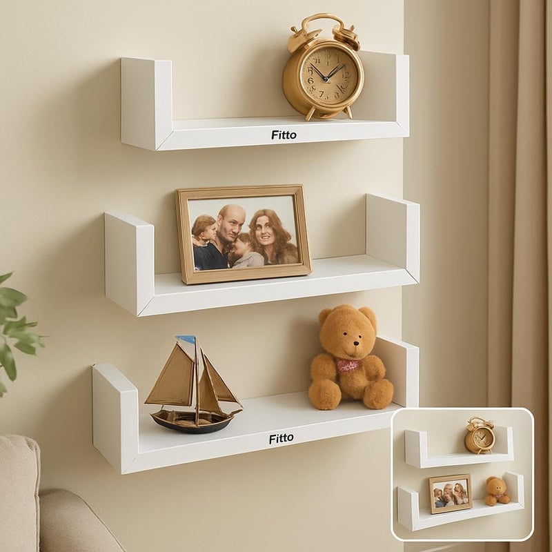 Fitto C-Shape Wall Shelves Set of 3, White Square Edge Floating Shelves - Image 3