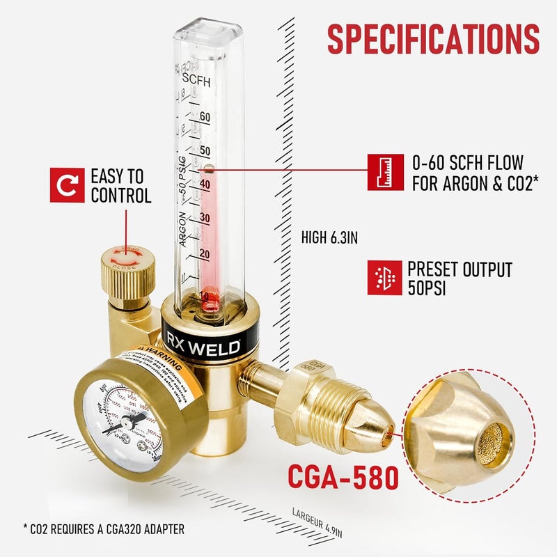 RX WELD Argon Regulator Flowmeter Gas Gauge for Mig Tig Weld - Image 2