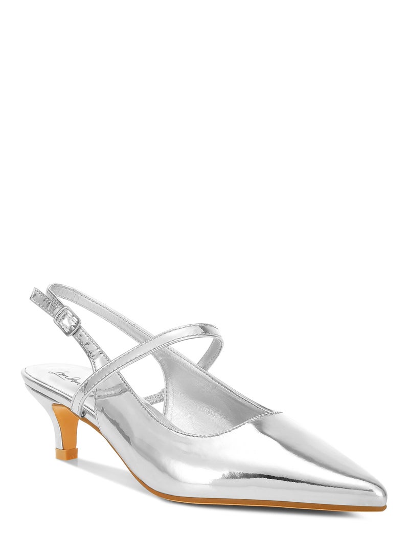 لندن راج صندل بكعب هريرة Slingback باللون الفضي  - Image 2