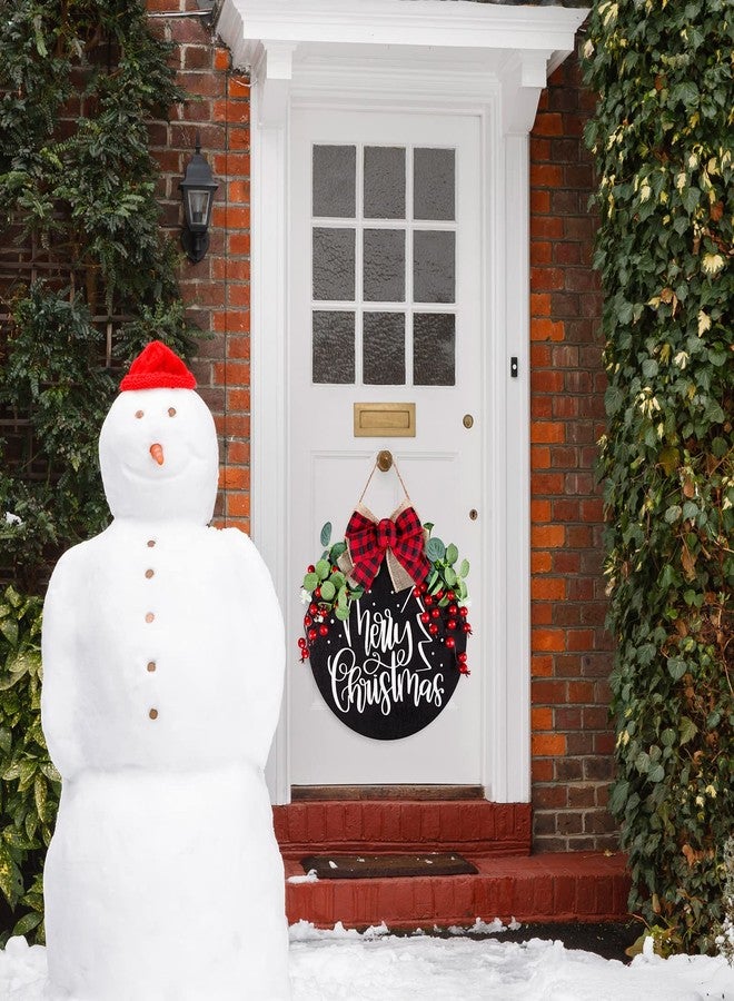 Whaline Christmas Wooden Hanging Sign Door Decoration Wreath Merry Christmas Welcome Sign Black Front Door Wreath with Buffalo Plaid Bow Eucalyptus Berries for Home Indoor Outdoor Decoration - Image 4