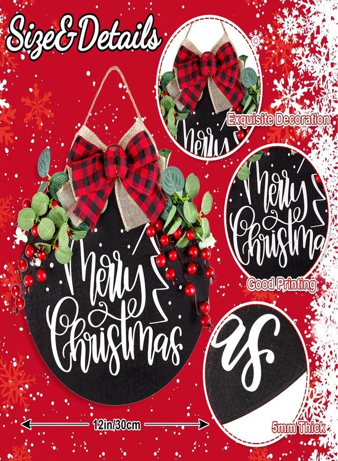 Whaline Christmas Wooden Hanging Sign Door Decoration Wreath Merry Christmas Welcome Sign Black Front Door Wreath with Buffalo Plaid Bow Eucalyptus Berries for Home Indoor Outdoor Decoration - Image 2