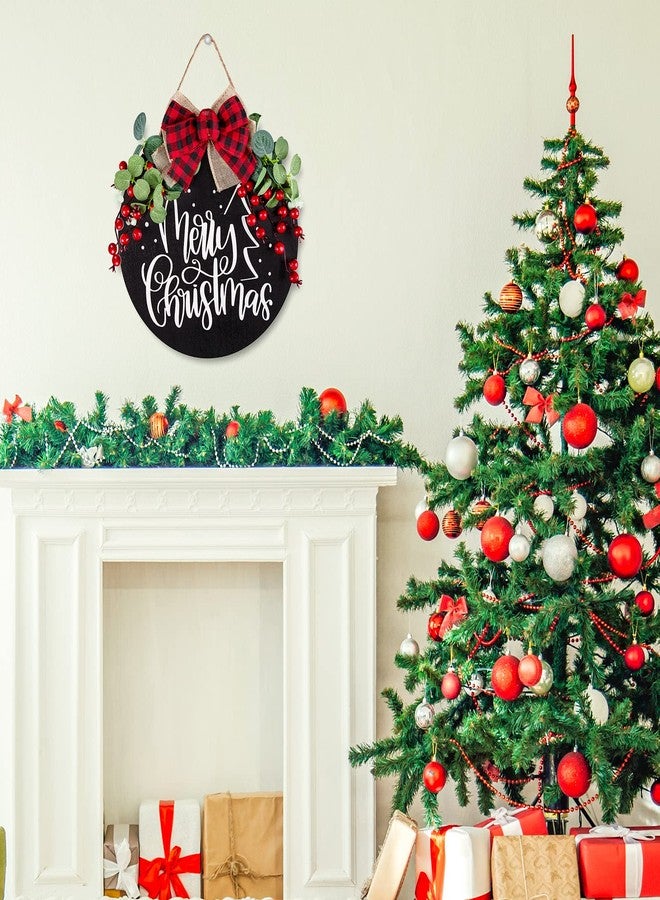 Whaline Christmas Wooden Hanging Sign Door Decoration Wreath Merry Christmas Welcome Sign Black Front Door Wreath with Buffalo Plaid Bow Eucalyptus Berries for Home Indoor Outdoor Decoration - Image 3