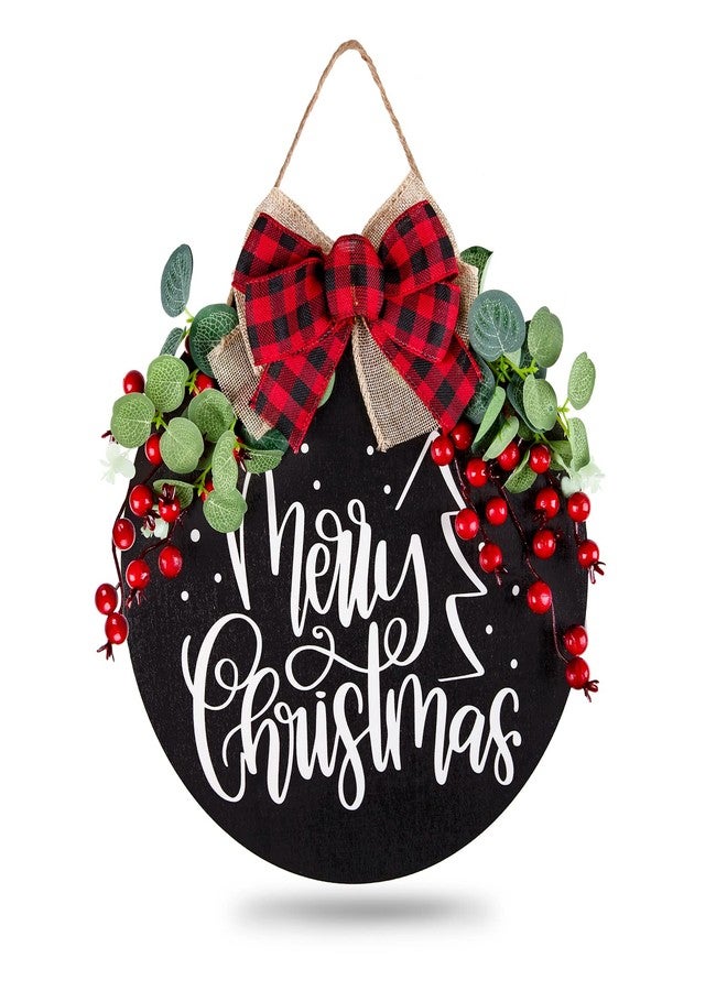 Whaline Christmas Wooden Hanging Sign Door Decoration Wreath Merry Christmas Welcome Sign Black Front Door Wreath with Buffalo Plaid Bow Eucalyptus Berries for Home Indoor Outdoor Decoration - Image 1