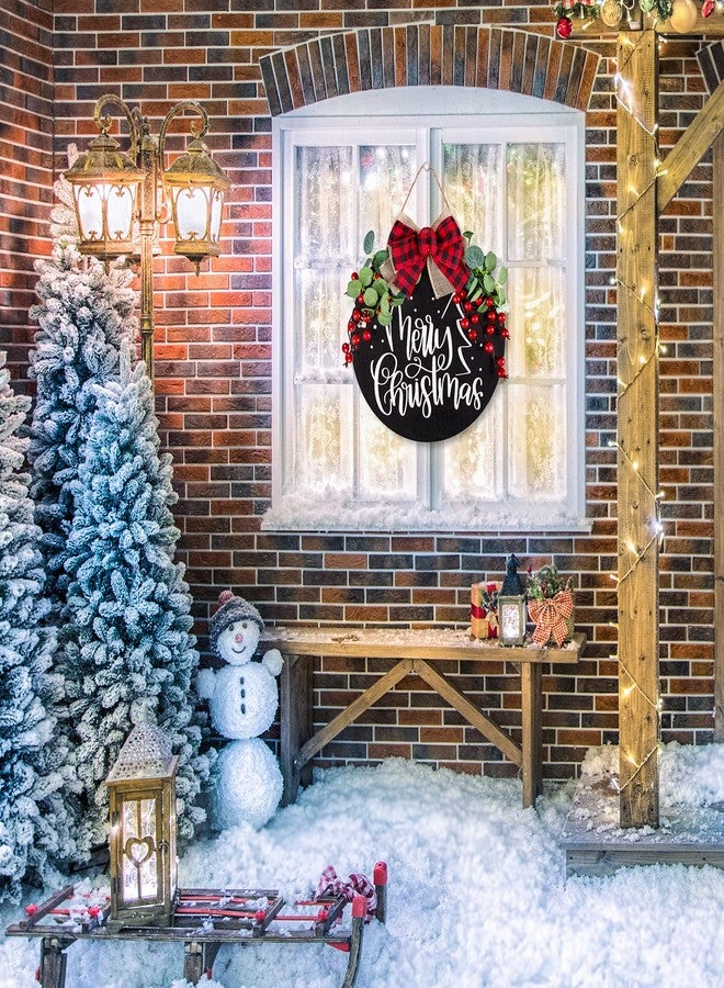 Whaline Christmas Wooden Hanging Sign Door Decoration Wreath Merry Christmas Welcome Sign Black Front Door Wreath with Buffalo Plaid Bow Eucalyptus Berries for Home Indoor Outdoor Decoration - Image 5