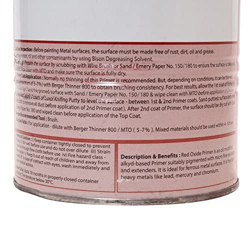 BERGER Red Oxide Primer | 1 Litre | High Opacity Metal Primer for Ferrous Surfaces | Matt Finish | Green Pro Certified | Long-Lasting Protection | Suitable For Interior & Exterior Work - Image 4