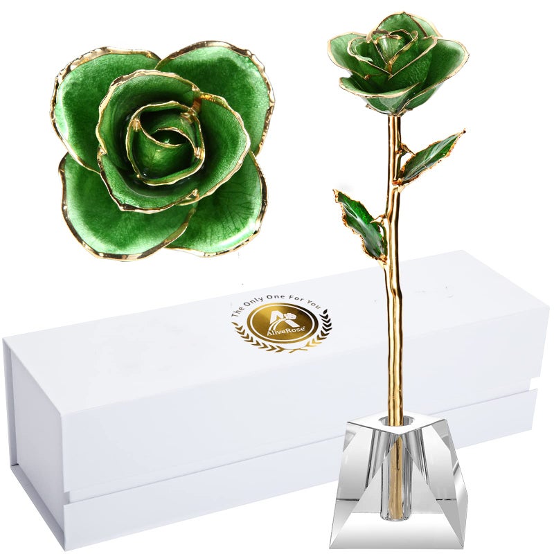 AliveRose 24k Gold Rose Long Stem Rose Made from Real Gold Rose for Anniversary Valentines Mothers Day BirthdayMint Green with Crystal Vase 