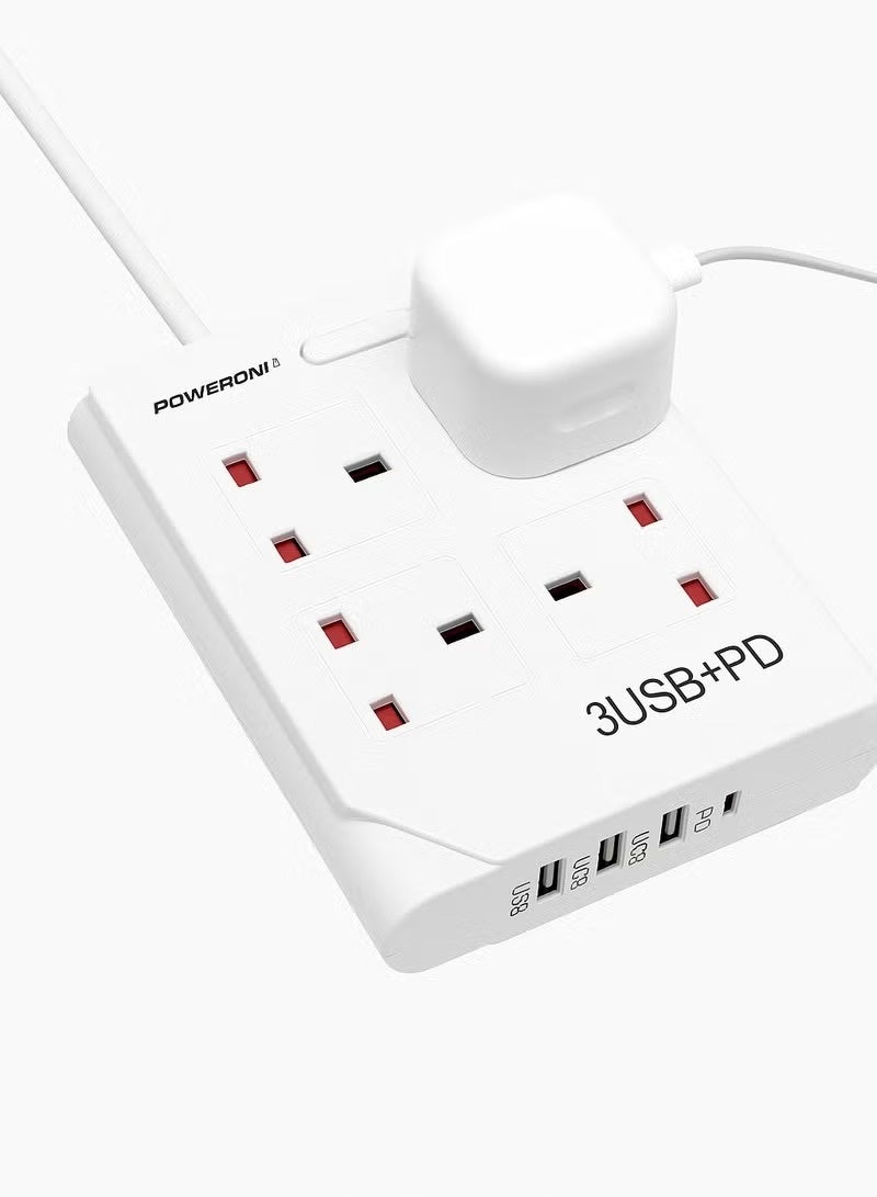 PowerMax Power Strip, Multi-function Power Socket, (3USB+PD) 4-Port Splitter with 3 USB Ports and 1 USB-C Port with Ultra-Fast PD Technology, Multi-Port Socket Suitable for All Devices, Extra Long 3 Meters MX52 - Image 1